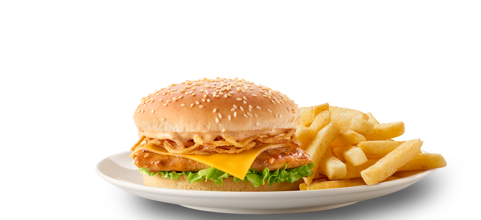 Peri-peri chicken burger with chips, served on a white plate