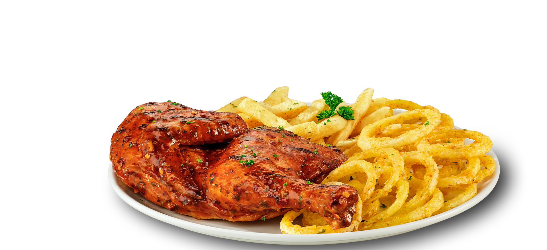 Half chicken with chips and golden onion rings, garnished with herbs, served on a white plate
