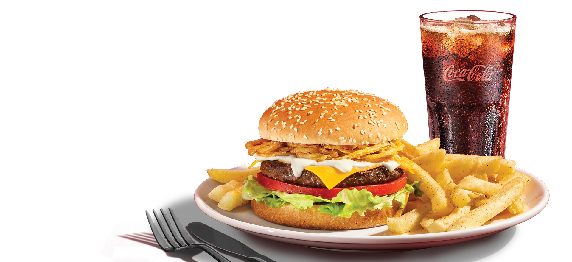Crispy onion cheeseburger and chips with a glass of coke